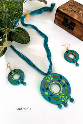 Handmade Terracotta Jewellery Set- Cyan