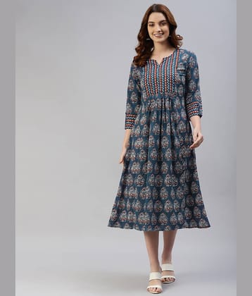 SVARCHI Women Cotton Printed Ethnic Dress ( Blue )