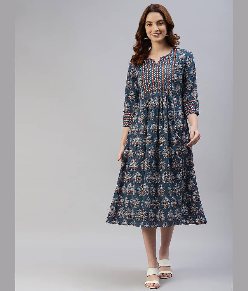 SVARCHI Women Cotton Printed Ethnic Dress ( Blue )