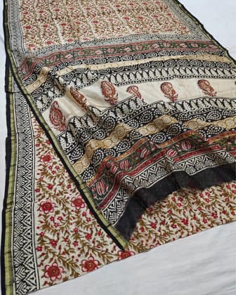 Whispering Petals Kalamkari Chanderi Silk Chalky Beige Saree