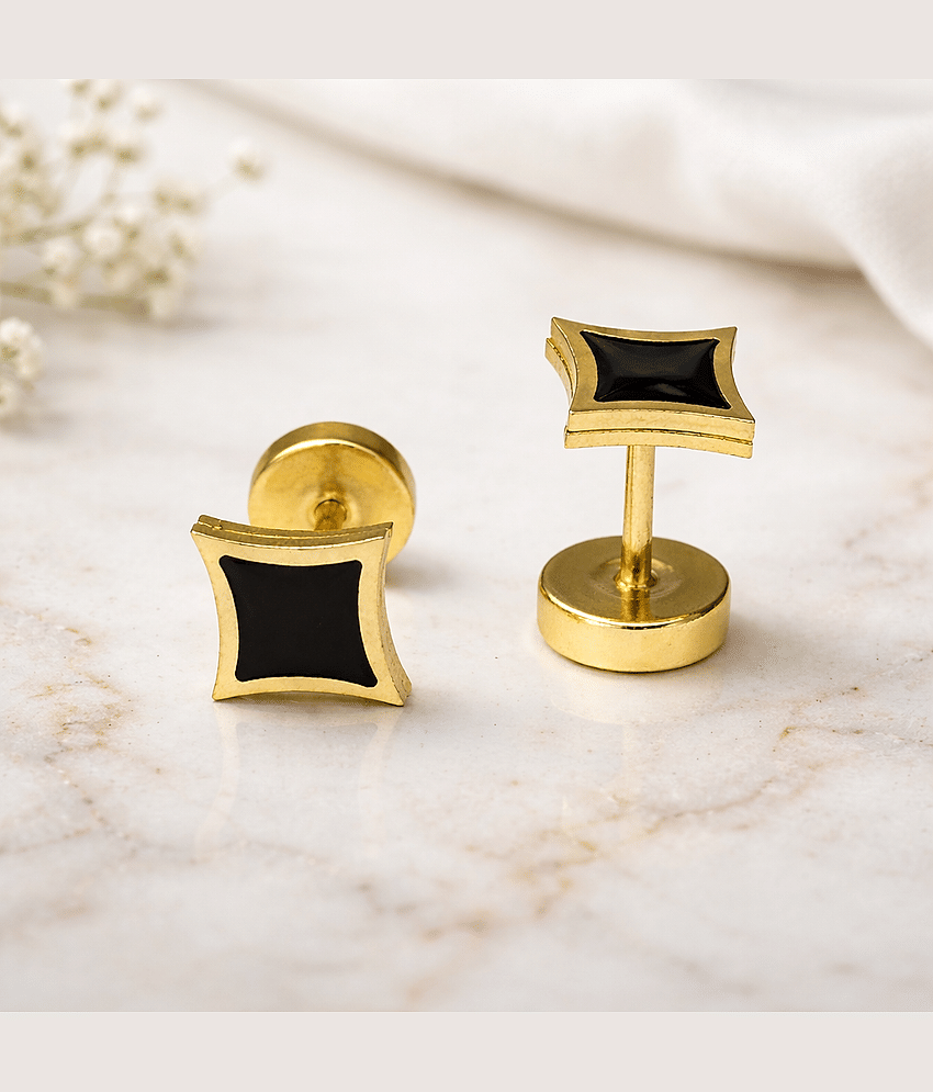 Gold Plated Black Square Stud Earrings for Men & Women | Stylish Geometric Stainless Steel Ear Stud | Trendy Minimalist Fashion Jewelry | Casual & Party Wear