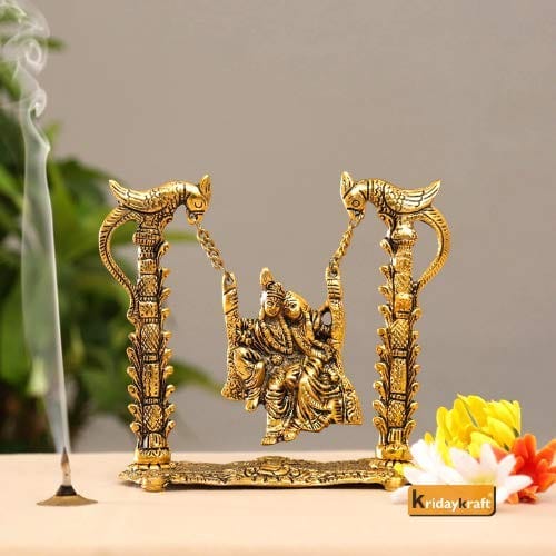 DreamKraft Radha Krishna on Swing jhula Gold Plated Metal Statue (Medium)