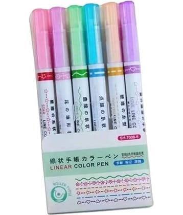 FREEDY Curve Highlighter Pen Set, 6PC  Different Dual Tip Pens, Flexible Tip and Soft Touch, Cute Pattern Colourful Curve Highlighter Pen Writing Markers, for Writing, Drawing,Water Based (Highlight Liner)