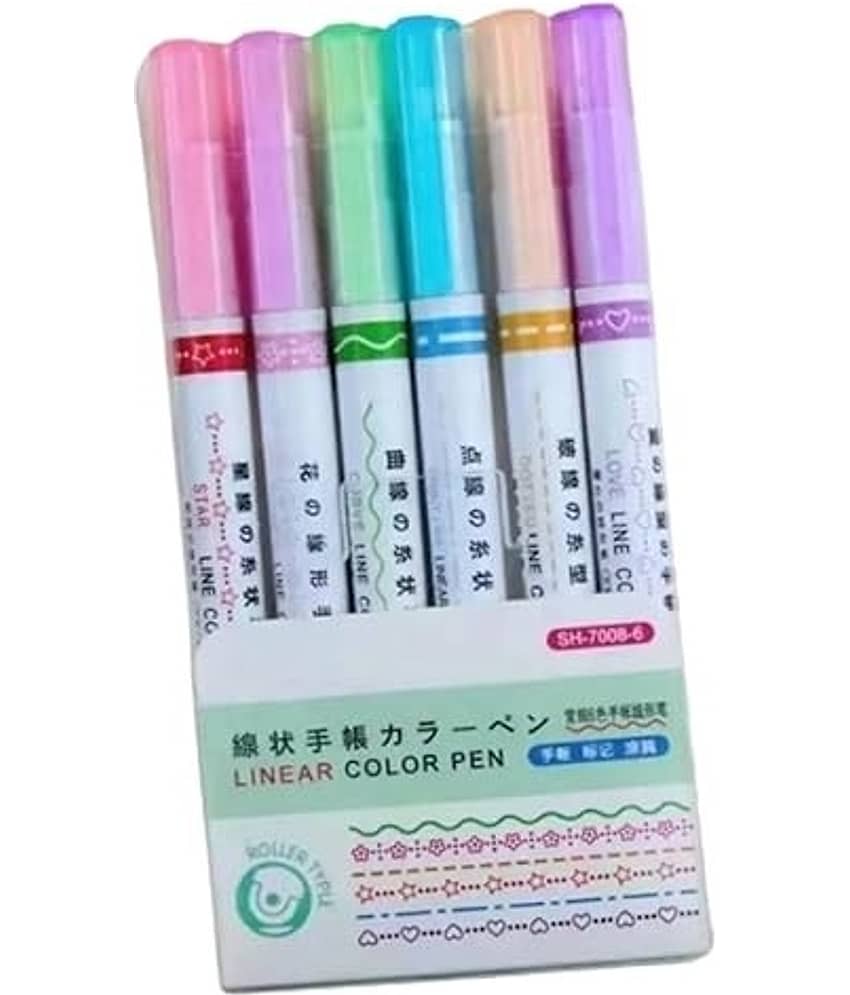 FREEDY Curve Highlighter Pen Set, 6PC  Different Dual Tip Pens, Flexible Tip and Soft Touch, Cute Pattern Colourful Curve Highlighter Pen Writing Markers, for Writing, Drawing,Water Based (Highlight Liner)