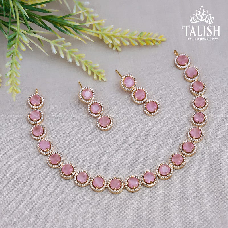 Elegant Pink Stone Necklace and Earring Set - Talish Jewellery