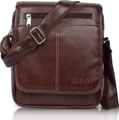 GOLD SKY Men's PU Leather Sling Bag | Crossbody Messenger One Side Shoulder Bag with Adjustable Strap & 4 Zipper Pockets | Fits 10 Inch Tablet | Travel Office Business Casual Bag (Brown) GOLD SKY Men's PU Leather Sling Bag | Crossbody Messenger One Side 