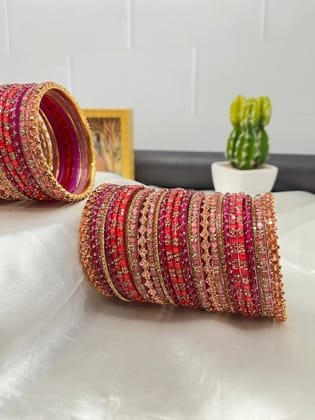 Onion Pink, Pink & Gold Glass and Stone Bangle Set 5042-2.2 / Both Hands