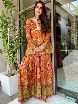 Golden Printed Sharara Set-S
