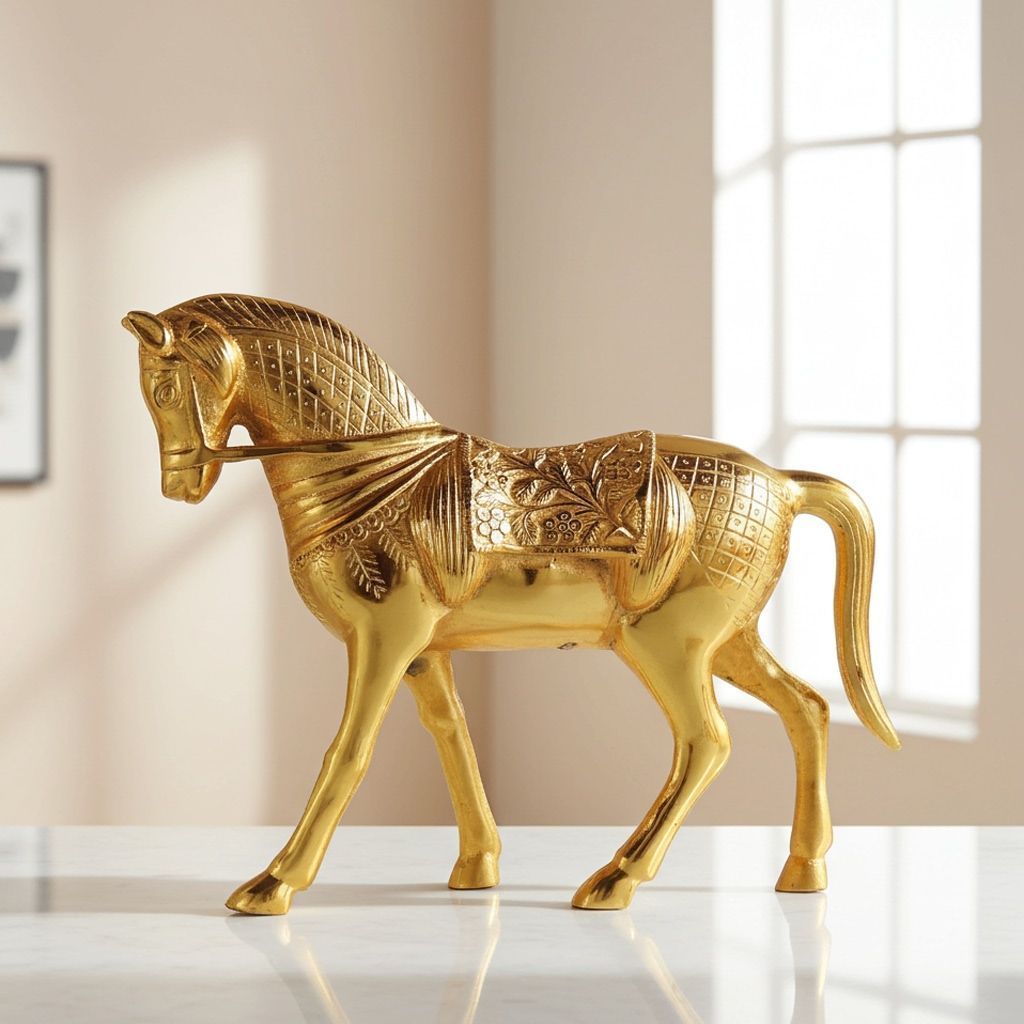 Gold Finish Aluminium Horse Statue For Royal Home Decoration, Height : 10.2 Inch (ASMAS212 G)
