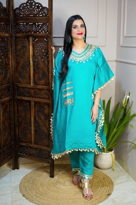Turquoise Blue Colour Gota and Mirror Work Kaftan Set With Pocket-2XL / Turquoise