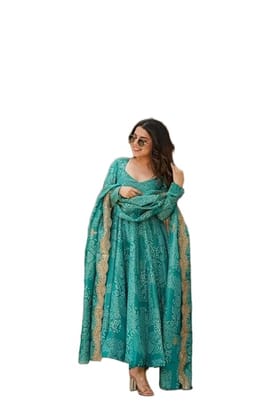 Womens Cotton Anarkali Kurta Set with Malmal Dupatta | Sanganeri Print Flared Kurti Suit