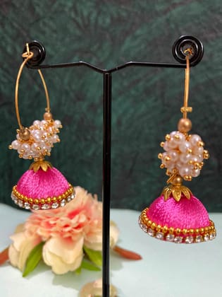 Handmade Silk Thread Beaded Jhumka-Pink