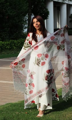 Cotton Handblock White with Red Flowers Suit Set and Kota Doria Dupatta-5XL