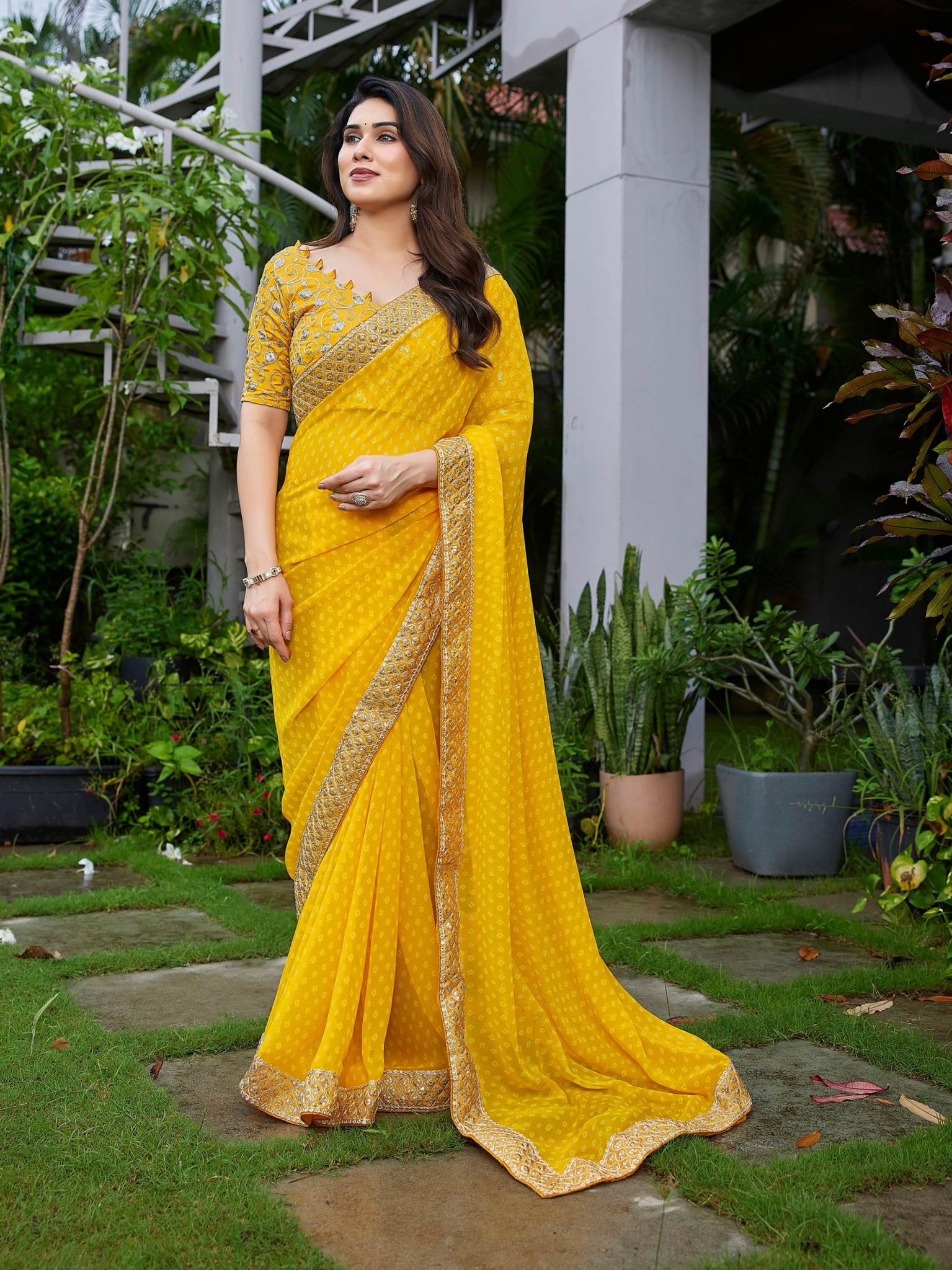 Bandhani Printed Georgette Saree with Embroidered Border