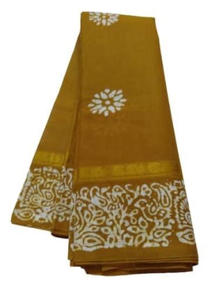 Mustard Wax Print Summer Cool Pure Cotton Double side Zari Border Saree