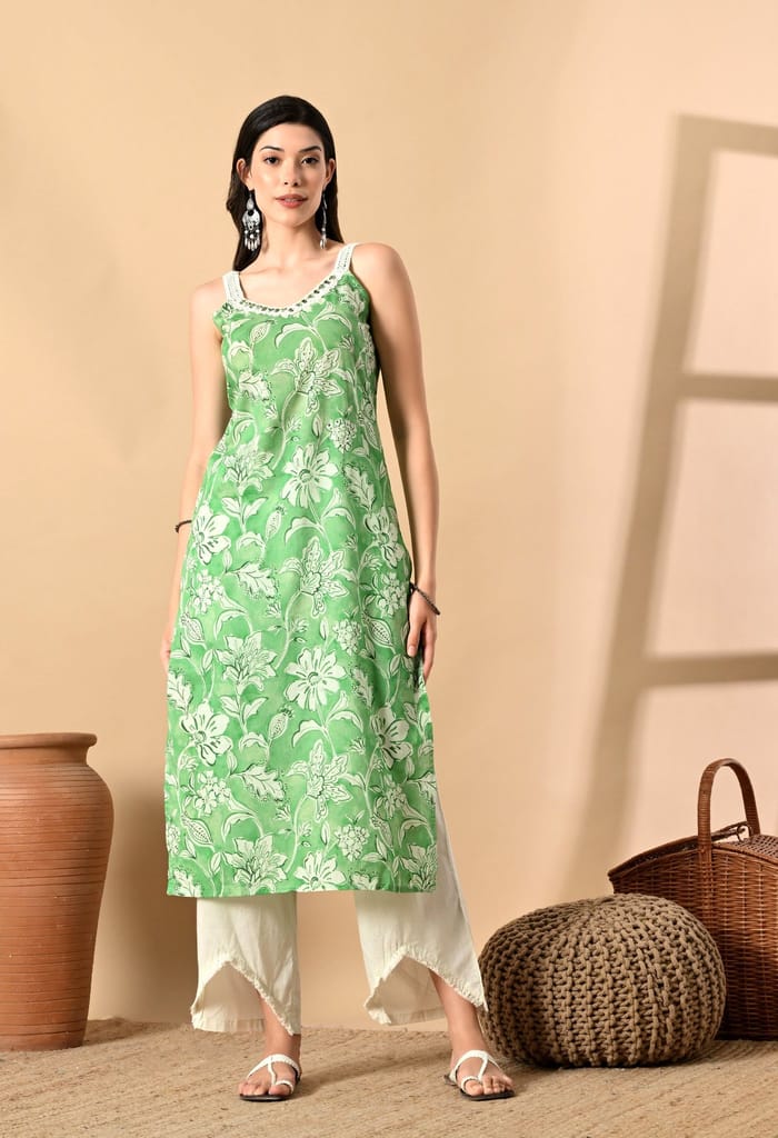 Noodle Strap 3PC Cotton Set with Fish Cut Palazzo and Sitara Work