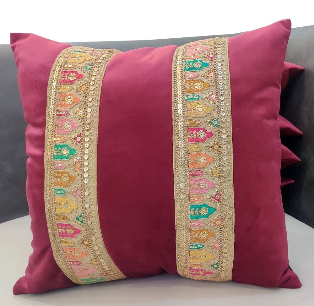 GOODVIBES 16X16 Inches Velvet Suede Cutwork Embroidered Square Cushion Cover with Lace for Décor Sofa Couch Living Room Bedroom Farm House Indoor Outdoor | 40cm * 40 cm I Set of 5|