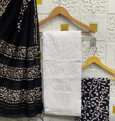 Cotton Lakhnavi Thread work Silk Batik Print Bottom Dupatta Dress Material (Unstitched)-Black
