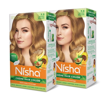 Nisha Creme Hair Color 7.3 Honey Blonde 120g Pack of 2, Permanent Hair Colour for Long Lasting Hair, 100% Grey Coverage