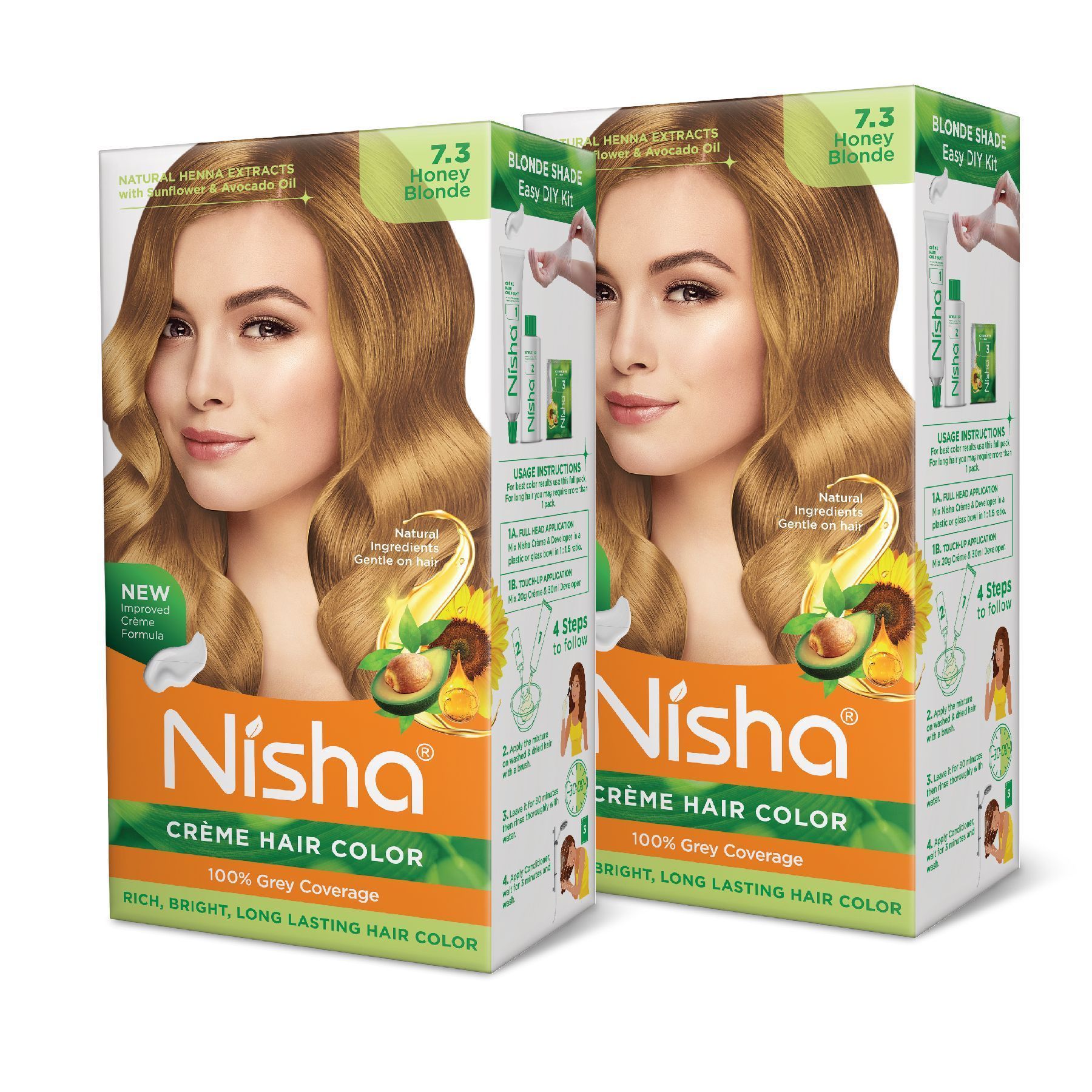 Nisha Creme Hair Color 7.3 Honey Blonde 120g Pack of 2, Permanent Hair Colour for Long Lasting Hair, 100% Grey Coverage