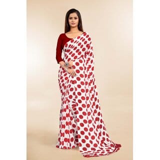 SVB Sarees Womens White And Red Colour Polka Dot Printed Saree With Blouse Piece