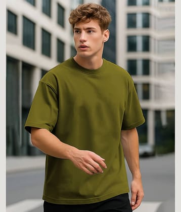 AOOSH Men Cotton Blend Oversized Fit Solid T-Shirt ( Olive )