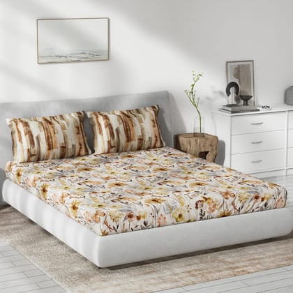 DDECOR - Primary Collection 100% Cotton Floral Pattern 145TC King Bedsheet |229 CM X 274 CM| with 2 Pillow Covers - Brown