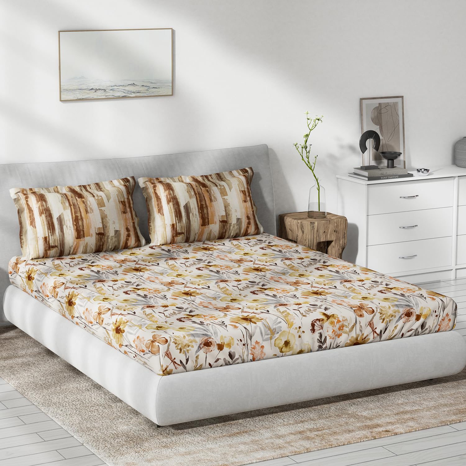 DDECOR - Primary Collection 100% Cotton Floral Pattern 145TC King Bedsheet |229 CM X 274 CM| with 2 Pillow Covers - Brown