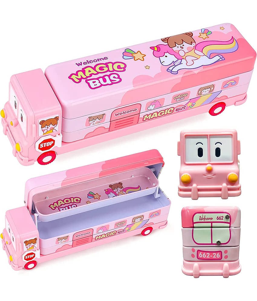 Villy Pencil Box with Wheel Tyres&Sharpner Double Compartment Bus Shape Geometry Box