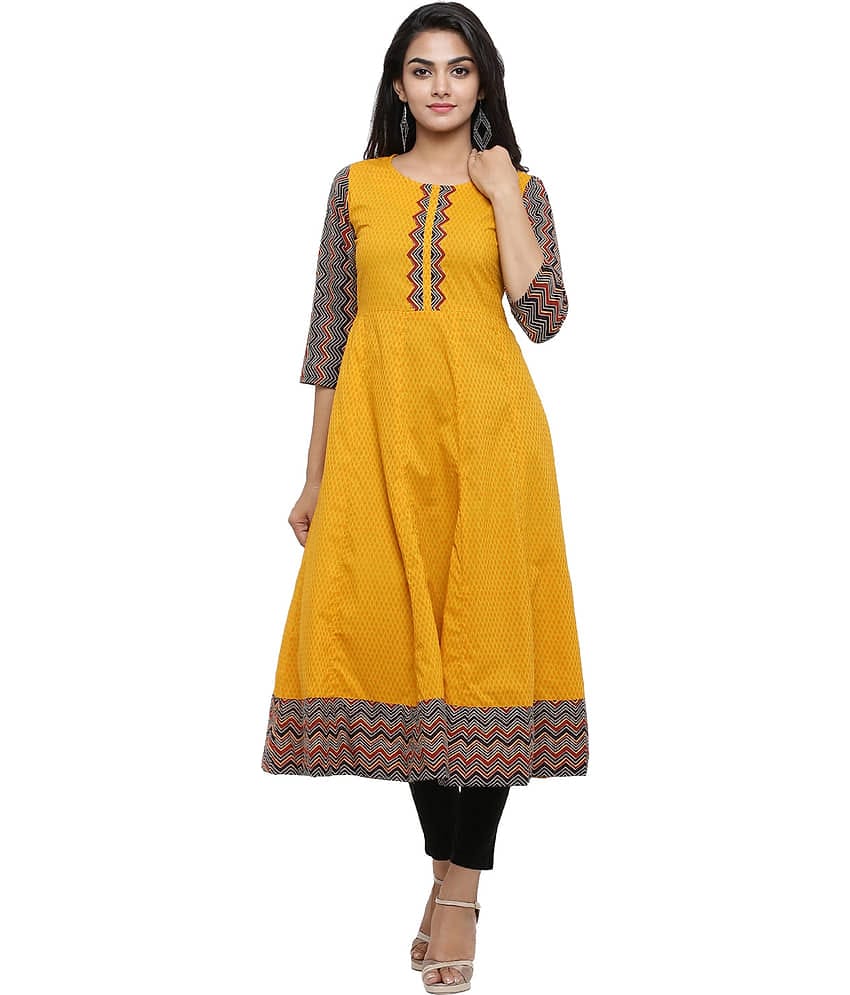 Yash Gallery Cotton Printed Anarkali Women's Kurti - Mustard ( Pack of 1 )