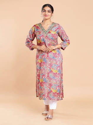 Kalyan Silks Multi Colored Floral Printed Pink Color Kurti Top
