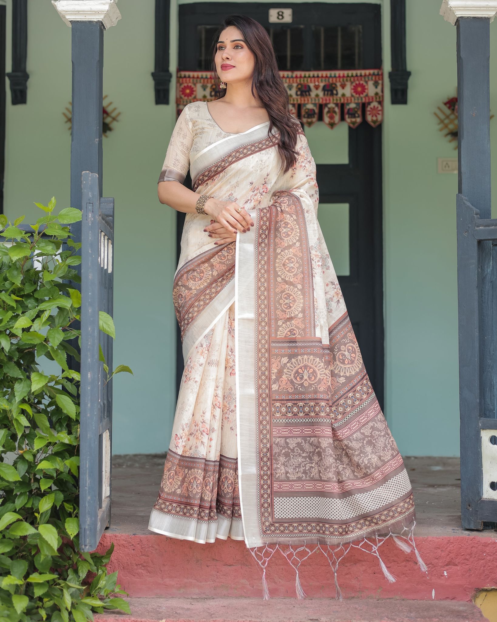 Cream and Brown Floral Print Pure Cotton Linen Saree with Blouse and Tassels on Edges-Regular