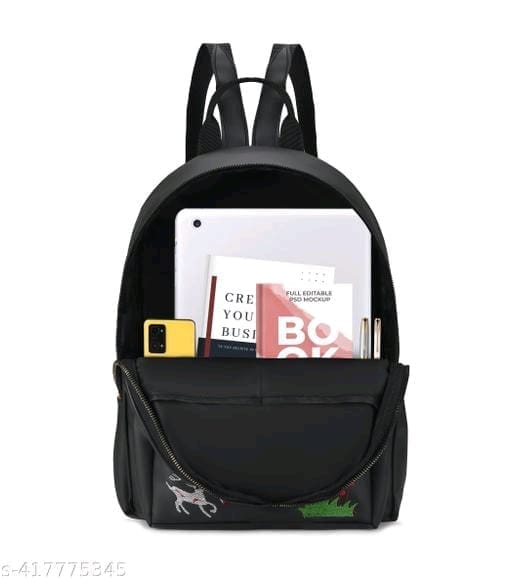 Black Floral Embroidered PU Leather Backpack