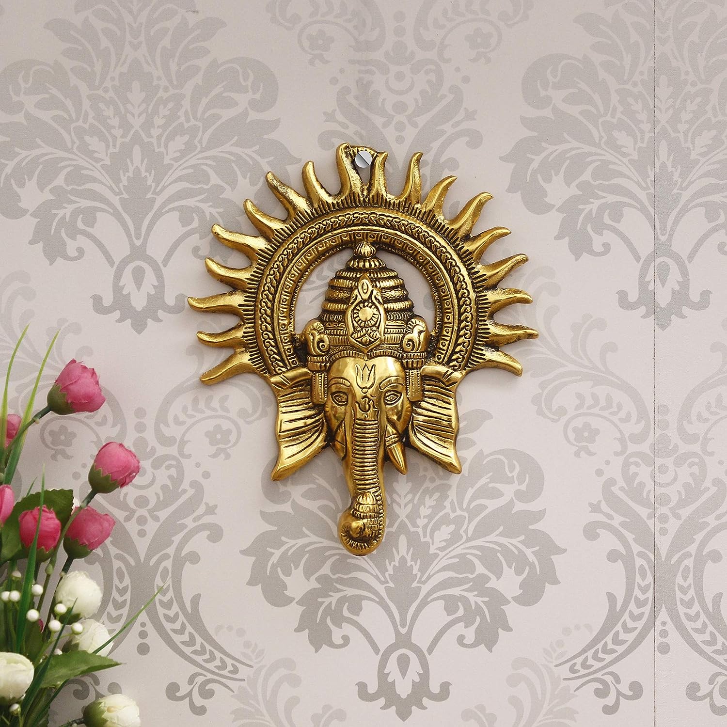 Dreamkraft Golden Lord Ganesha with Sun Decorative Metal Wall Hanging Art Decorative Showpiece for Wall Decor, Festival Home Decor Pooja Room Temple & Gift for Family, Friends, Housewarming