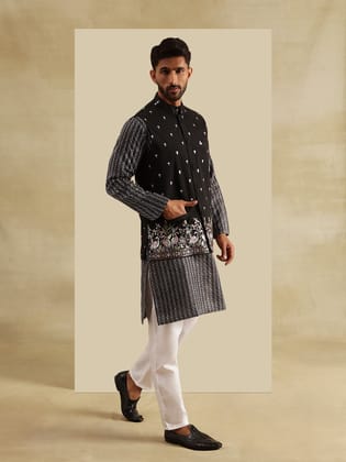 Men's Silk Blend Black Kurta and White Pyjama With Daman Embroidered Black Nehru Jacket-36