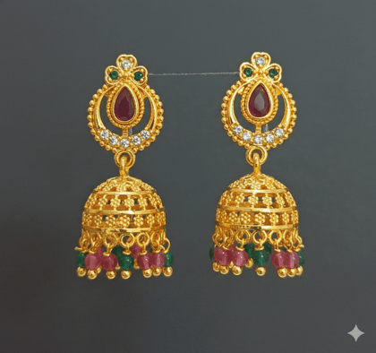 Mishti Creations Gold Colour Plated Ruby and Green Stone Traditional Jhumka Earrings for Women Mishti Creations Gold Colour Plated Ruby and Green Stone Traditional Jhumka Earrings for Women
