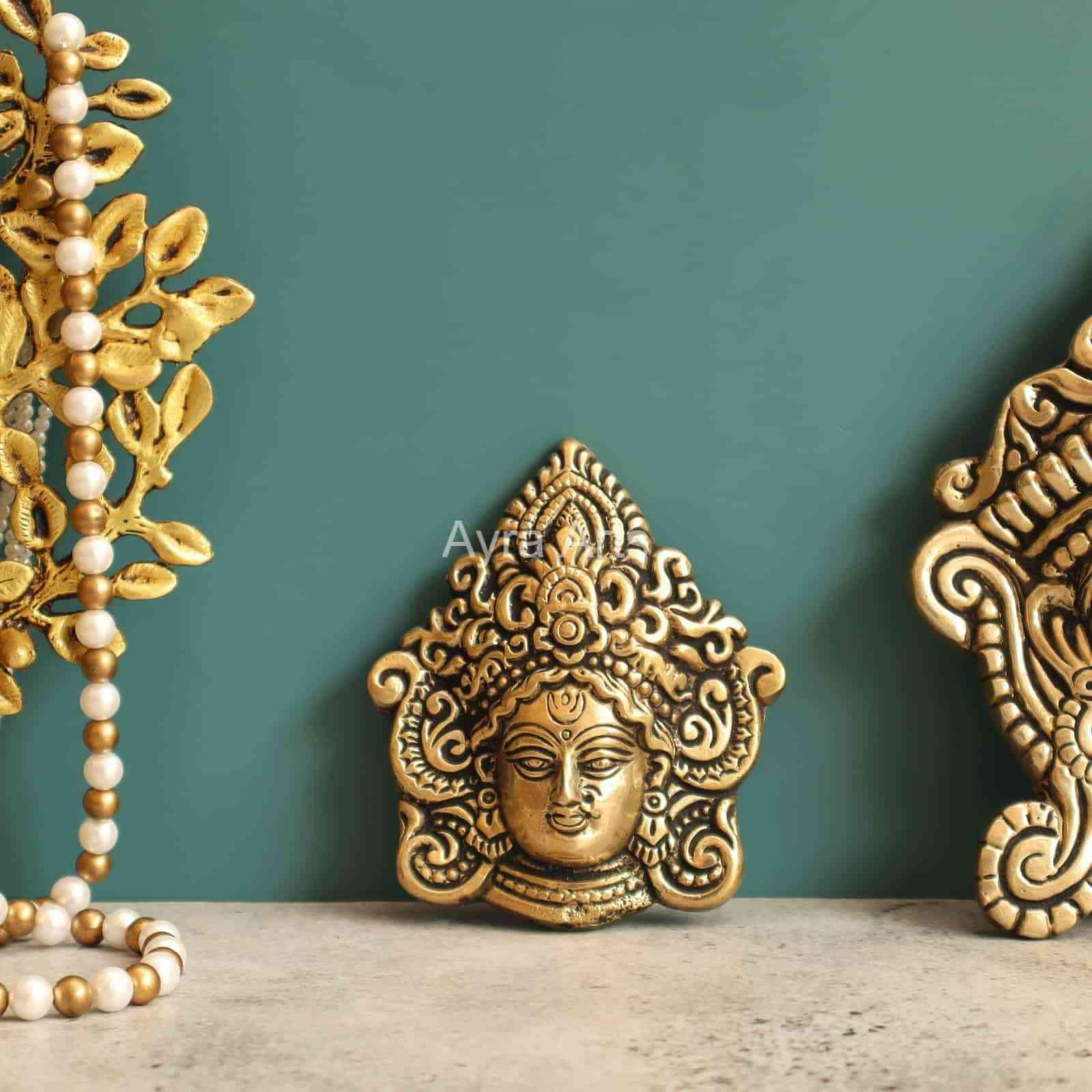 Brass Goddess Durga Mata Face Wall Handing Mount - 4 Inch Height