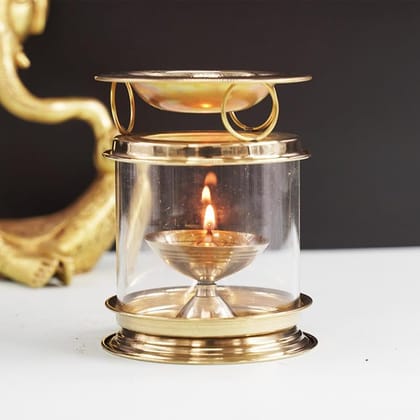 Gold Brass Aromatherapy Oil Model Akhand Diya With Glass Cover For Pooja