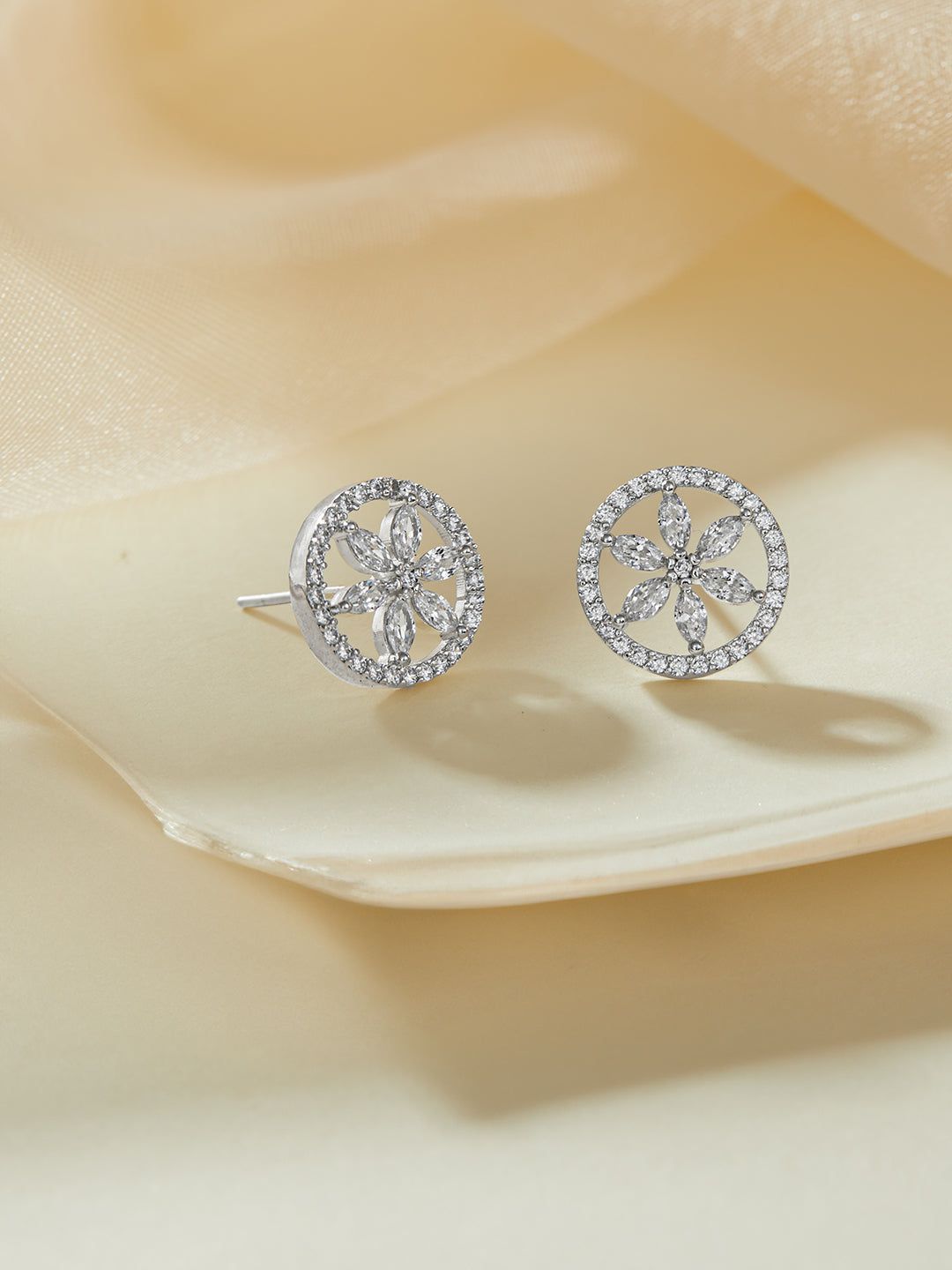 925 Sterling Silver Rhodium Plated Cubic Zirconia Floral Studds Earrings