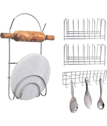 JISUN Stainless Steel Plate Stand / Dish Rack Steel (Pack of 2) & Chakla Belan Stand & Ladle Hook Rail / Wall Mounted Ladle Stand For Kitchen