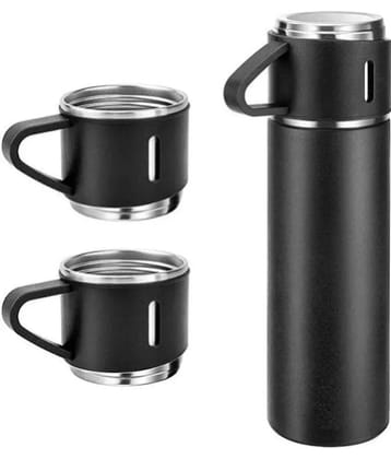 RADH 500ml Stainless Steel Black Vacuum Insulated Thermos Flask Water Bottle with 3 Tea Cups Set with Gift Box