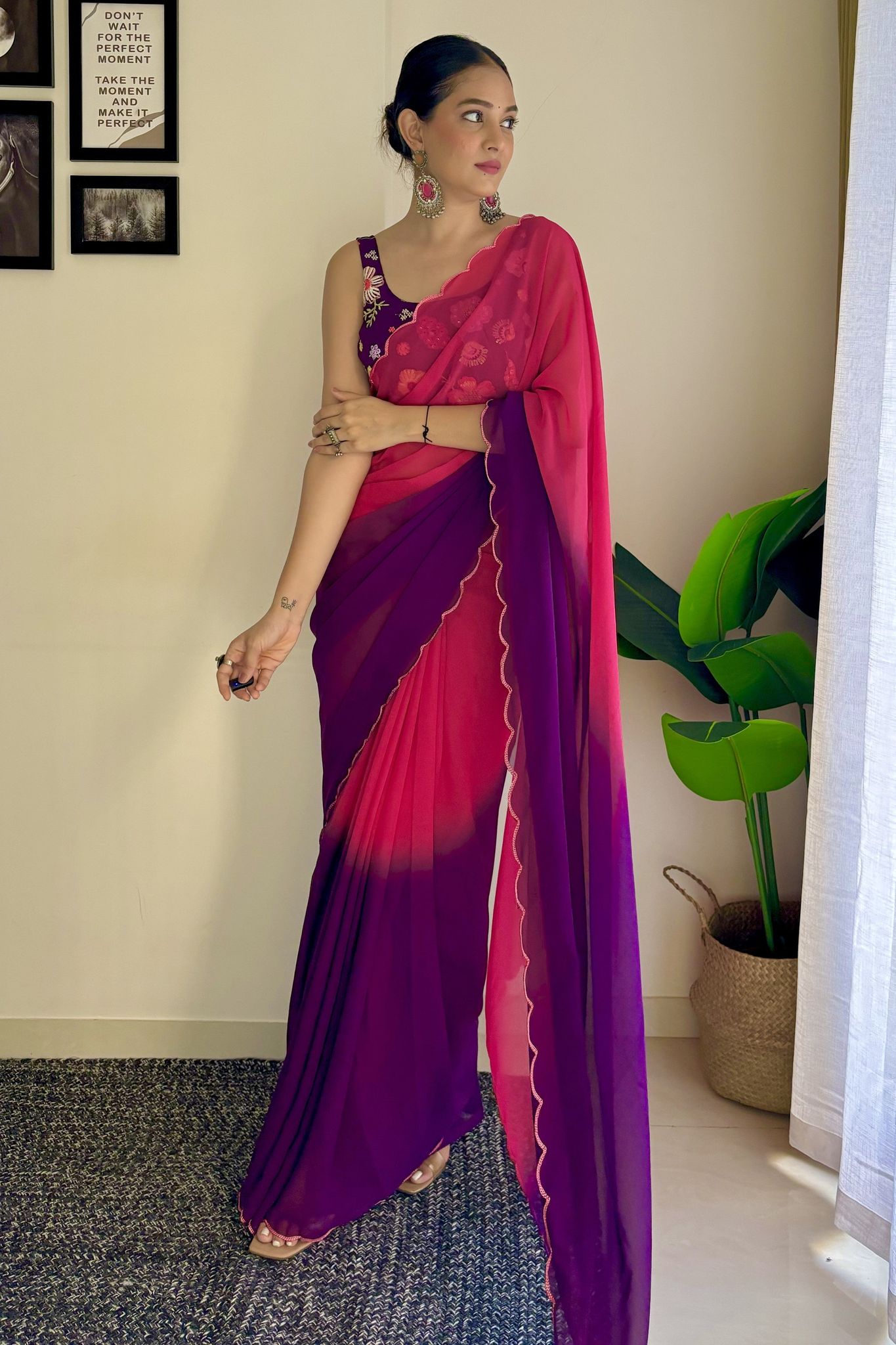 Pink Plain Georgette Saree