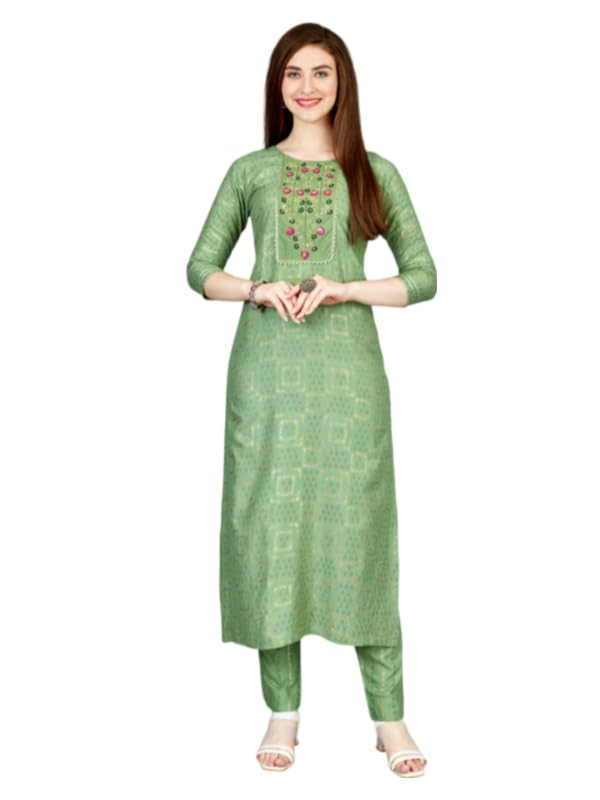 Women's Casual 3-4 th Sleeve Embroidery Rayon Kurti Pant Set (Light Green, XL)-PID50261