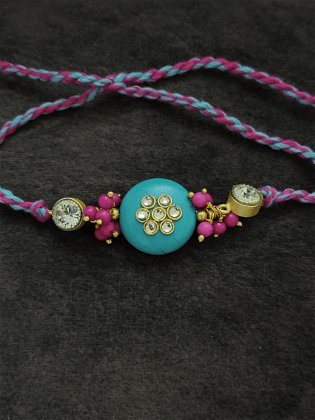 Ferozi round bead with pink pearly cluster white stones rakhi
