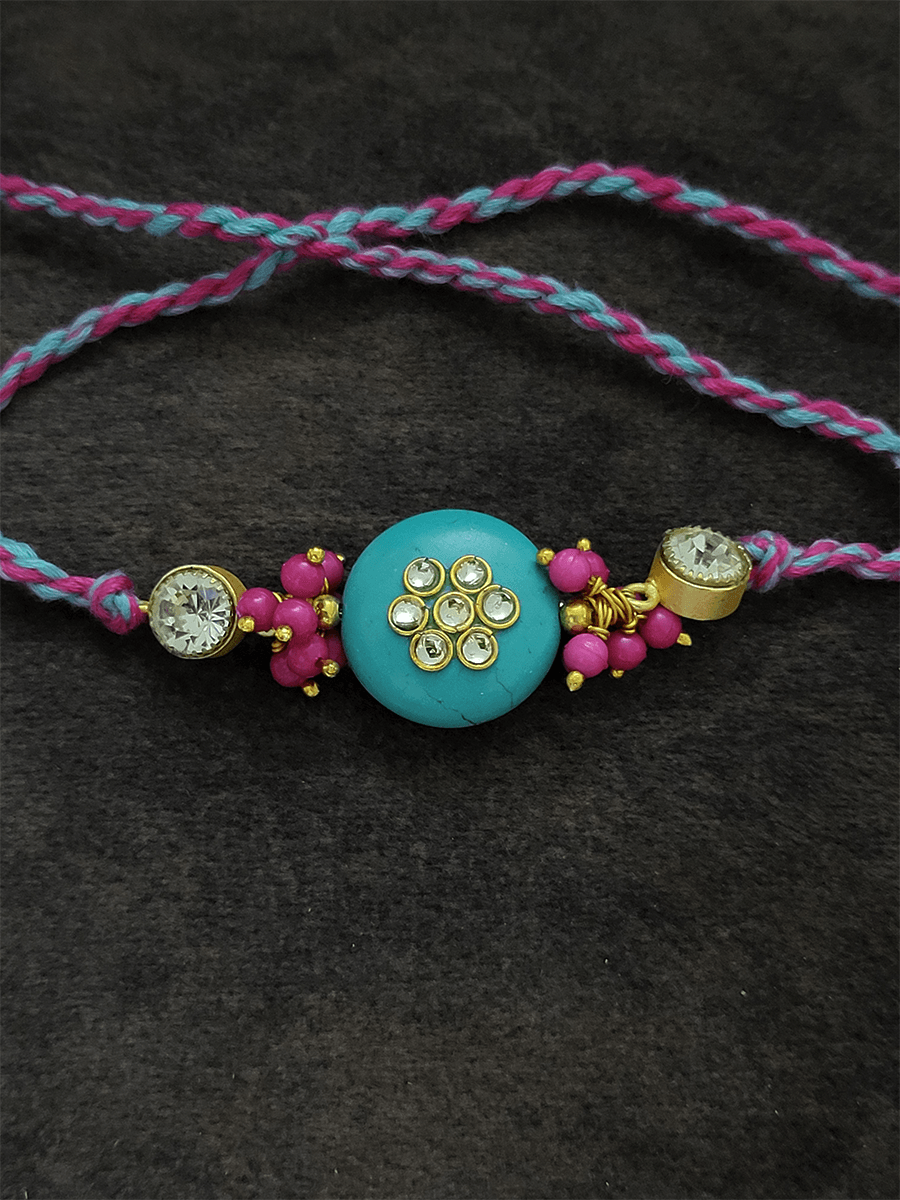 Ferozi round bead with pink pearly cluster white stones rakhi