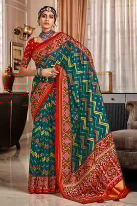 Teal Tussar Silk Saree With Patola Print