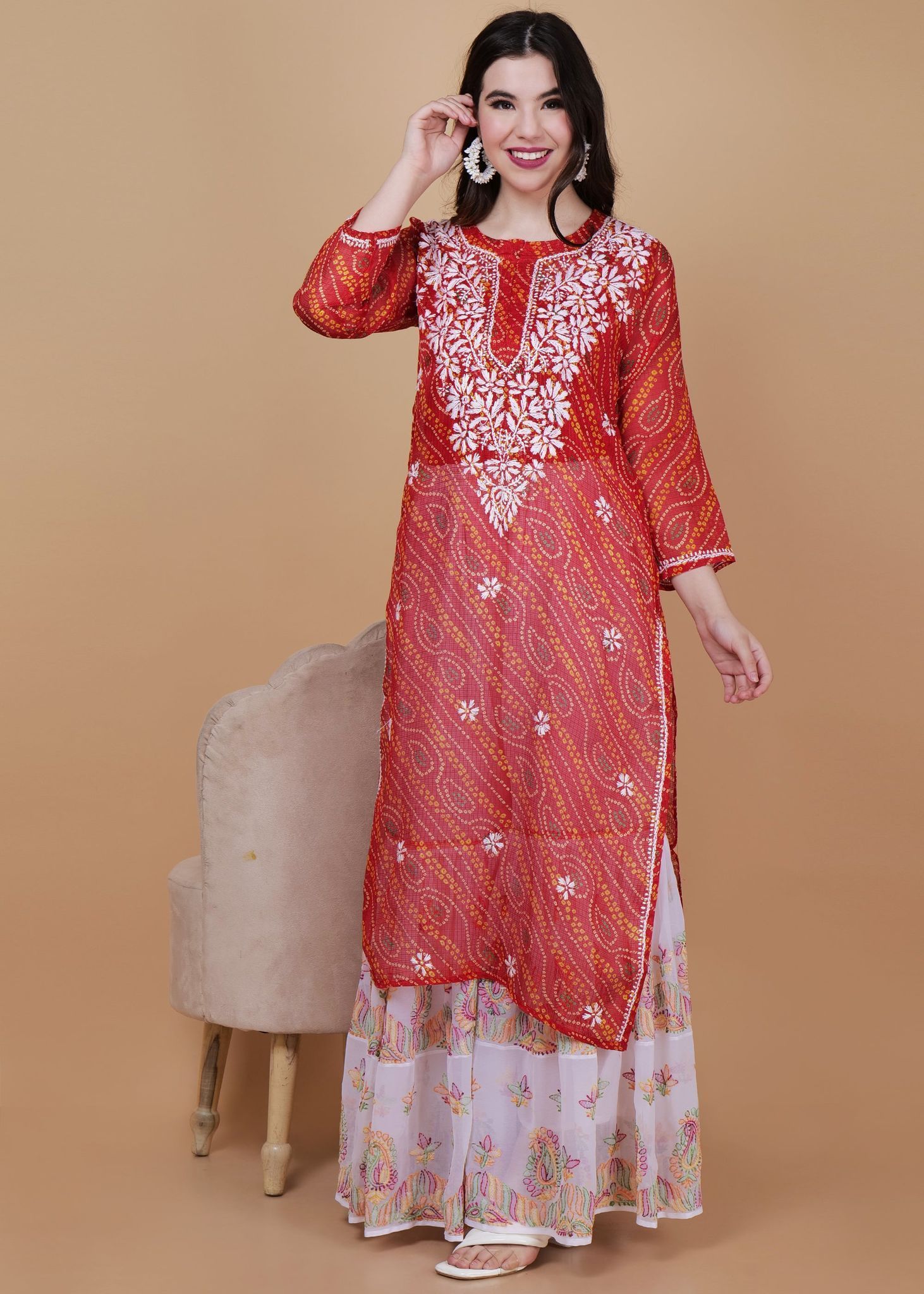 Kota Doria Chikankari Masterpiece Straight Kurta -Darl Red