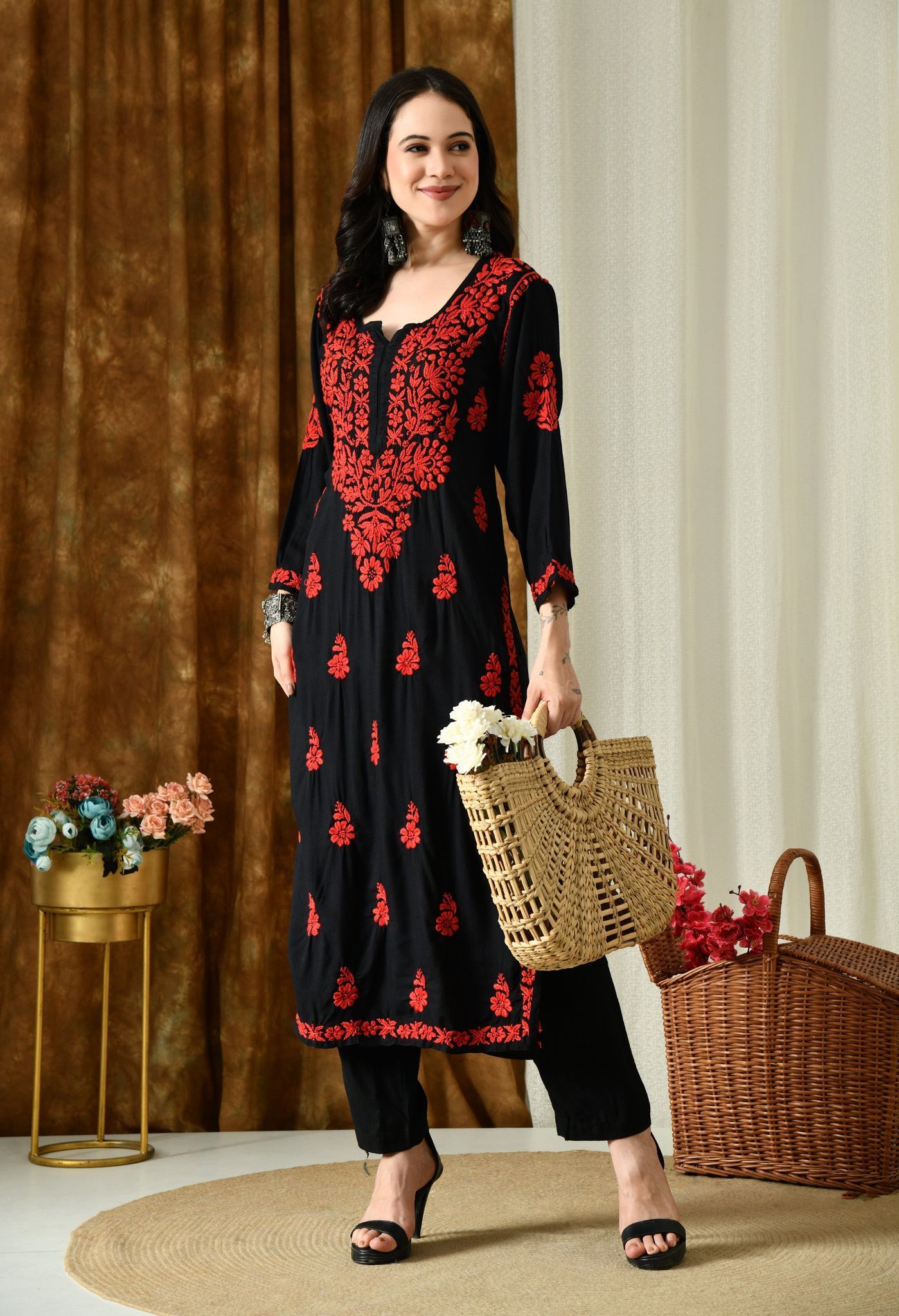 Black Kurta with Intricate Chikankari Work - Red