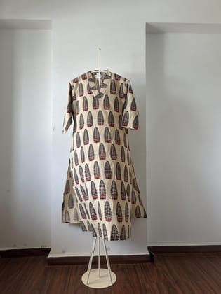 Leaf Motif Block Printed Beige Kurti-XXL