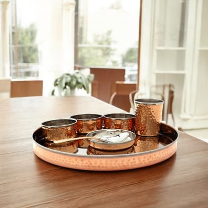 Luxurious Copper-Trimmed Thali Dining Set | 7-Piece Traditional Indian Dinnerware